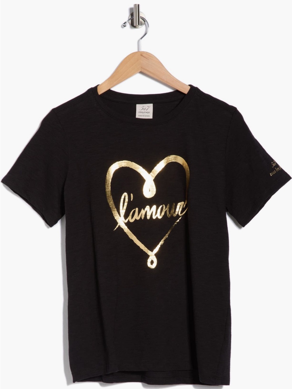 cinq a sept Black Short Sleeve Tee with Gold Heart Graphic